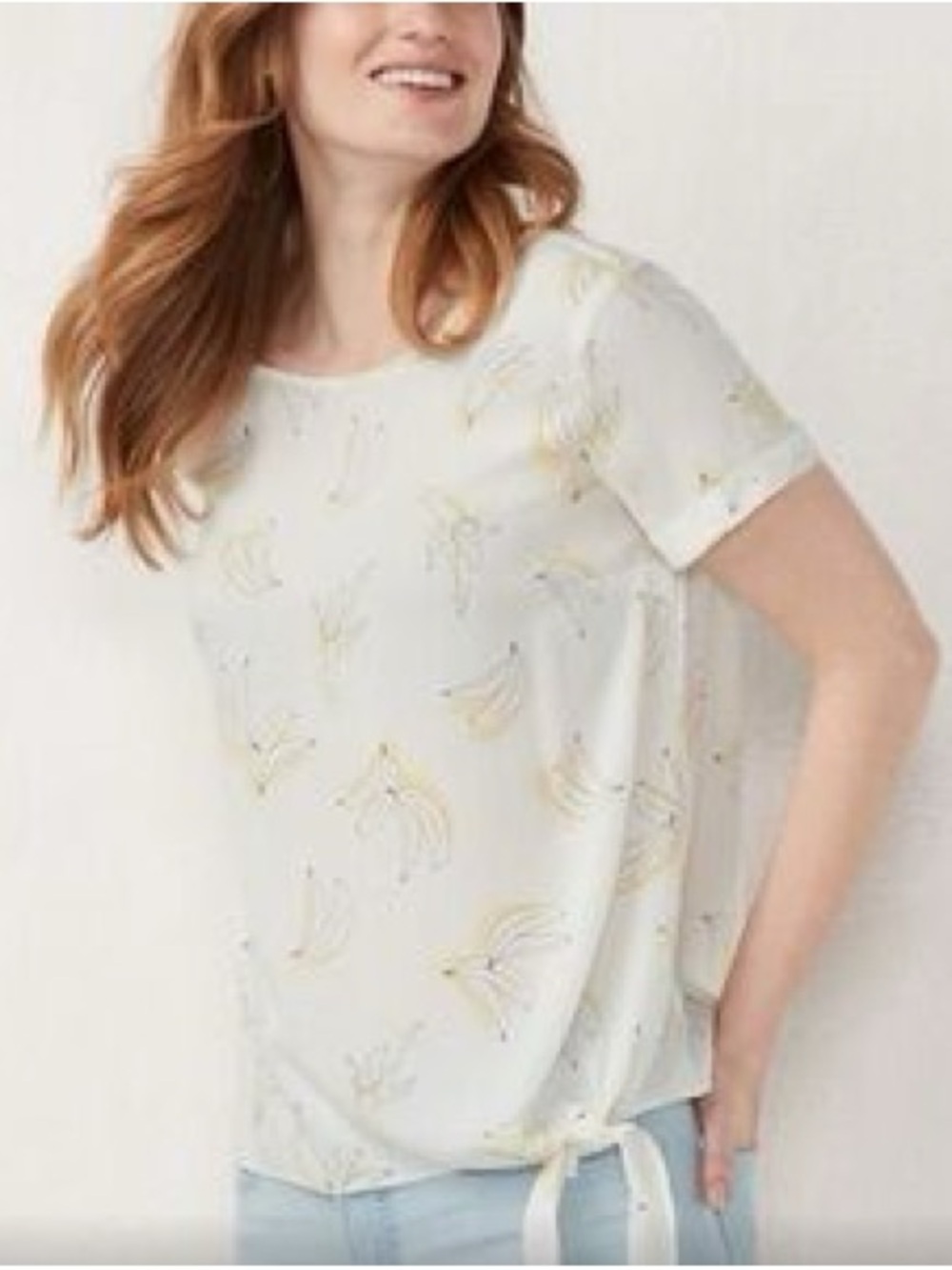 LC Lauren Conrad Banana Print Blouse Pale Yellow Short Sleeve Tie Detail Size XL